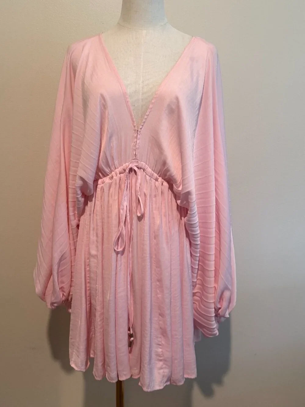 Free People Pink Boho Pleated Long Sleeve Mini Slip Dress S - Picture 2 of 8